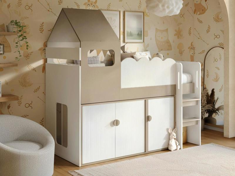 Calista Ribbed House Mid Sleeper Bed with Storage White & Taupe