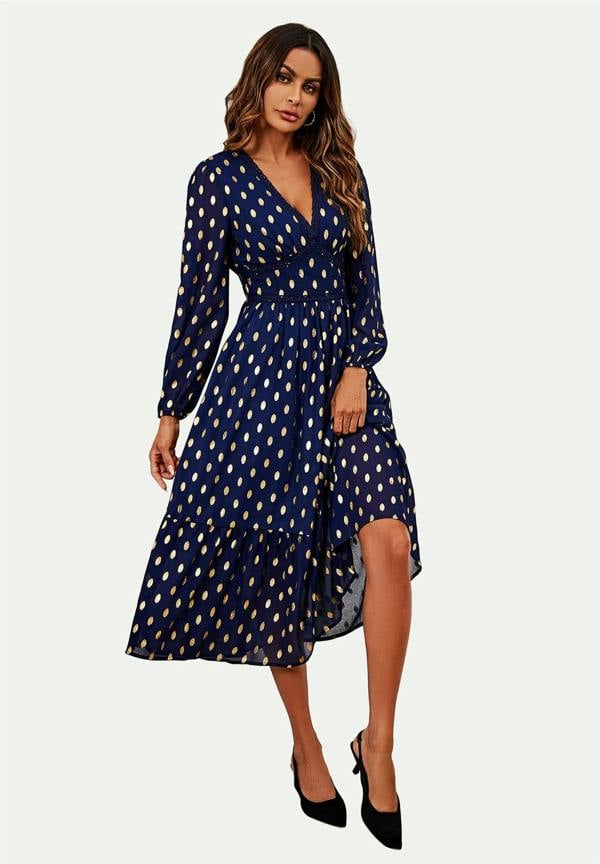 FS Collection Lace Trim Foil Long Sleeve Maxi Dress In Navy