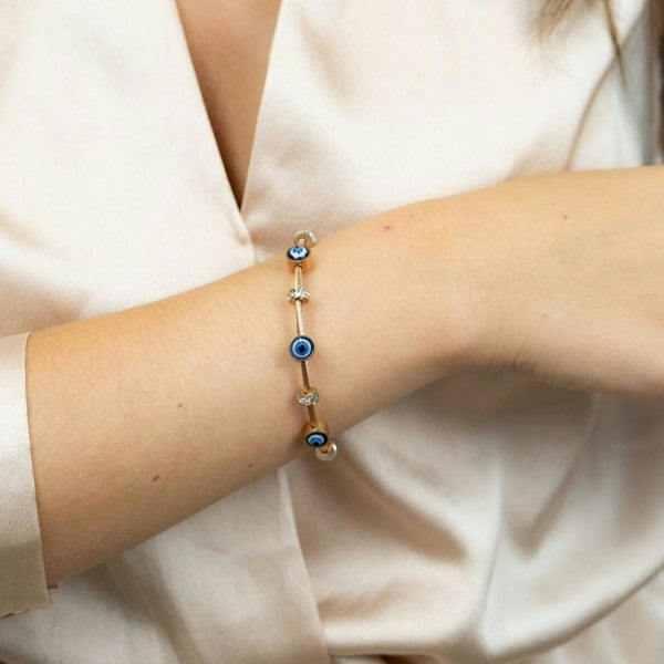 The Colourful Aura Blue Evil Eye Brass Gold Zircon Magnetic Bangle Bracelet