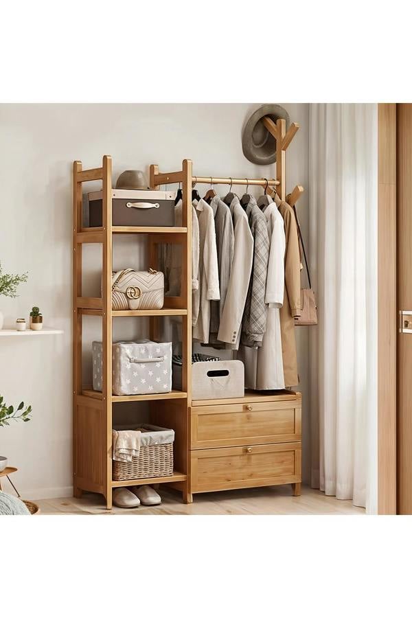 Freestanding Bamboo Clothes Rack Garment Rack with Storage Shelves Coat Hanger Hanging Rod