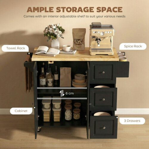 Wyld Haus Rolelo Wooden Black Rolling Kitchen Island With Drop Leaf Drawer Towel And Spice Racks