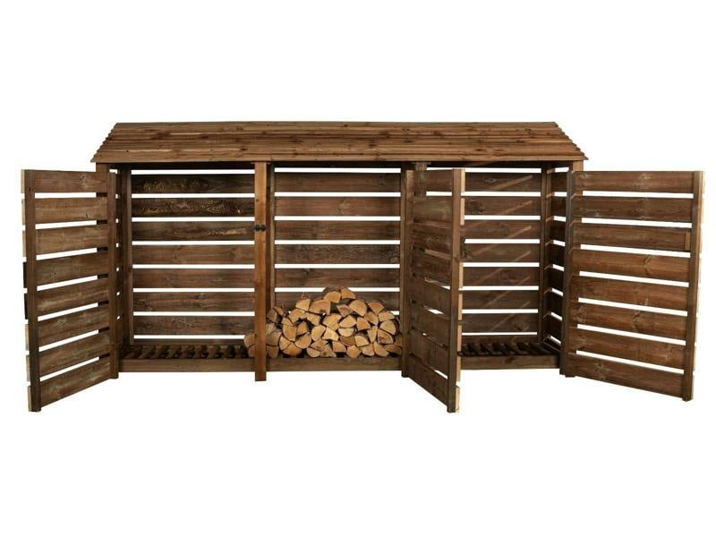Arbor Garden Solutions Slatted Wooden Log Store with Doors W-335cm, H-126cm or 180cm, D-88cm - Brown Finish