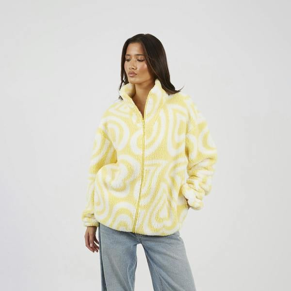 Brave Soul Yellow Graphic Heart Print Zip Through Sherpa Fleece - Yellow Image 1