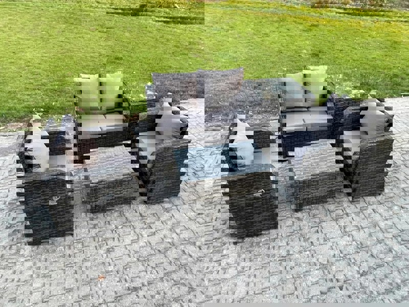 Fimous 5 PC Outdoor PE Rattan Garden Furniture Set Wicker Love Sofa Coffee Table 2 Armchair Side Table Dark Grey Mixed