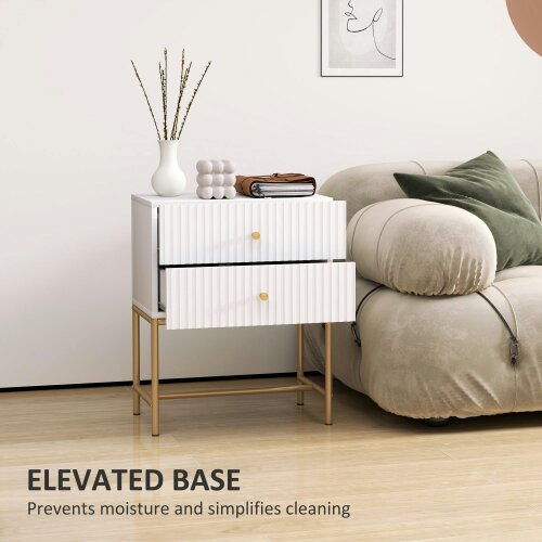 Wyld Haus Lelu Rata White and Gold Elegant 2 Drawer Ribbed Bedside Table
