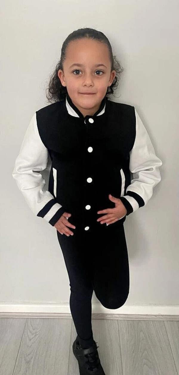 Infinity Leather Kids Varsity Black & White Bomber Jacket with Real Leather Sleeves 3-13 yrs