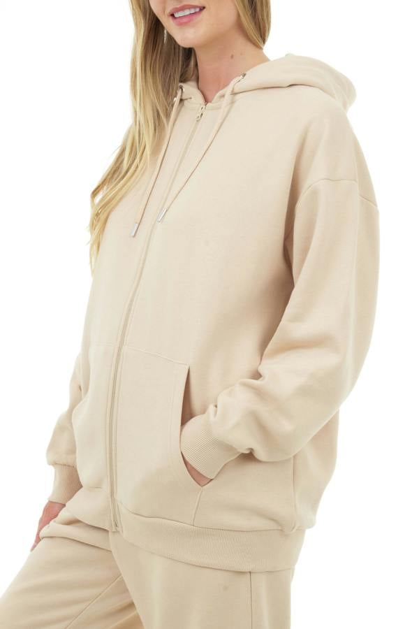 Smart Living Basic Womens Oversized Zip Through Hoodie - Stone