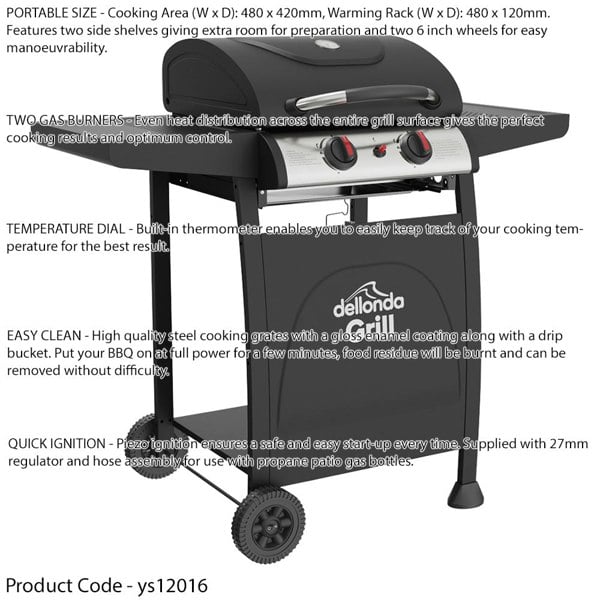 2 Burner Gas BBQ Grill & Ignition - Portable Garden Cooking - Easy Clean Bucket - LoopsDirect