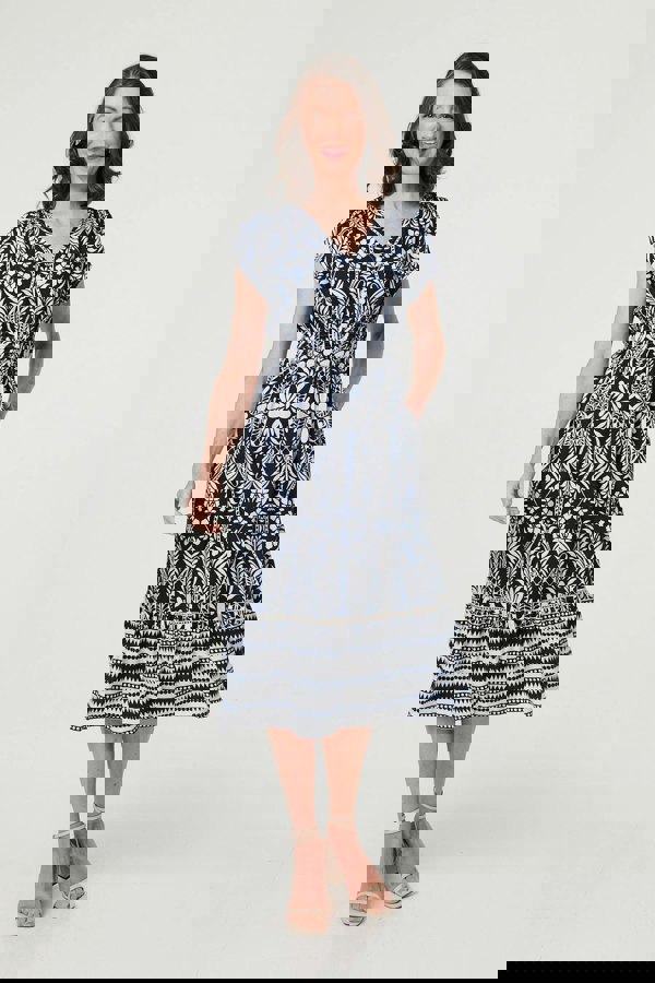 Navy | Printed Cap Sleeve Shirred Midi Dress
