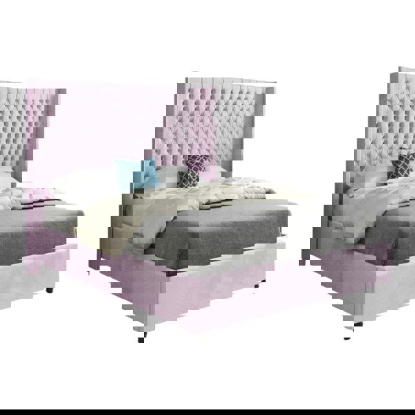 Casa Magna Volta Straight Winged Upholstered Soft Velvet Bed Frame - Pink