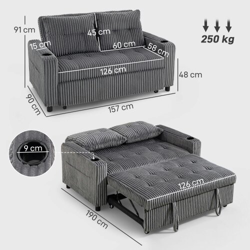 Wyld Haus Noripa Dark Grey Corduroy 2 Seater Click Clack Sofa Bed