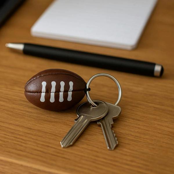 A miniature, textured brown rugby ball keyring with white stitching, sitting on a wooden desk next to a black pen and a set of silver house keys.