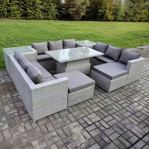 Fimous Rattan Outdoor Garden Furniture Set with Height Adjustable Table, 3 Sofas, 2 Side Tables, 2 Footstools - 11 Seater - Light Grey