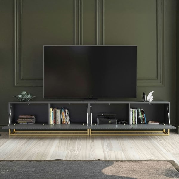 Mex Furniture Modular Grey TV Unit with Gold Base 200cm – Fluted Fronts & Push-Down Doors
