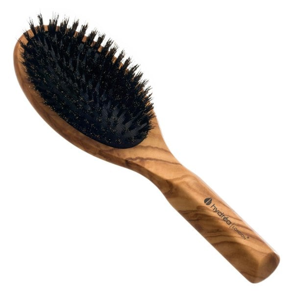 Hydréa London Premium Olive Wood Boar Bristle Hair Brush with No-Pull Cushion – Smooth & Shine