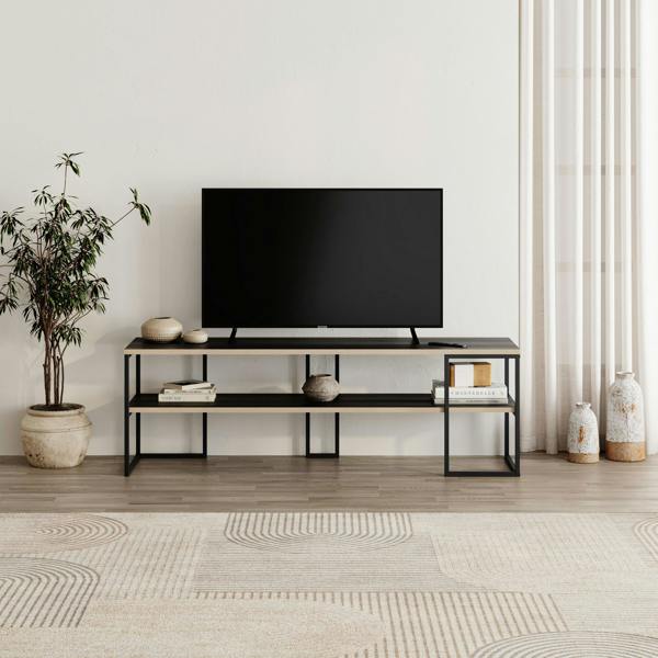 Decortie Modern TV Unit 140cm Open Shelf Design w/Plywood Edge, Black Metal Frames TV Stand up to 55' TVs Living Room