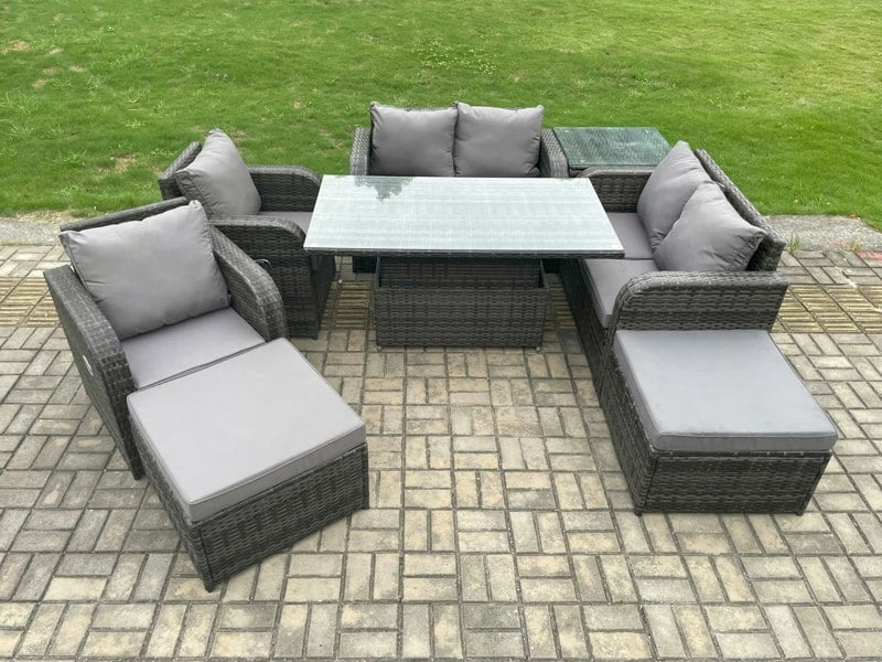 Fimous 8 Seater Rattan Furniture Garden Dining Set Outdoor Height Adjustable Rising lifting Table Love Sofa Chair With Side Table 2 Footstools