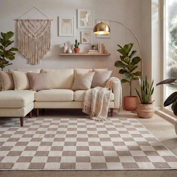 Loft Checkerboard Beige Rug, Easy to clean, Underfloor heating.
