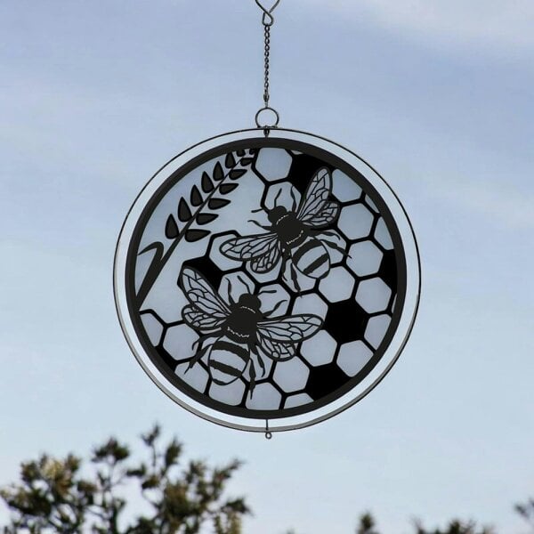 EDH Door Hardware Black Metal Honey Bees Hanging Silhouette Orbit Spinner – 39cm x 23cm | Outdoor & Indoor Wind Spinner for Garden, Patio & Home Décor