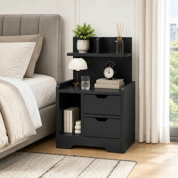 Bedside Table, Small Bedside Cabinet with 2 Drawers and Storage Shelves for Bedroom, Black Wood Effect