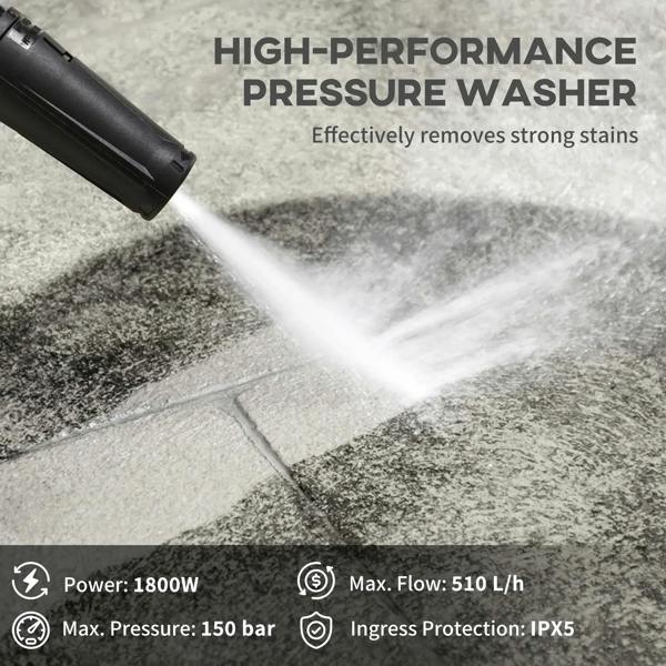 Water jet from black pressure washer nozzle on paved patio surface