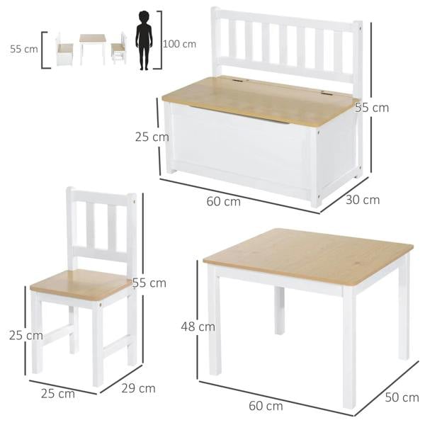 Kids table and storage bench with two chairs, white frames and beige wood tops