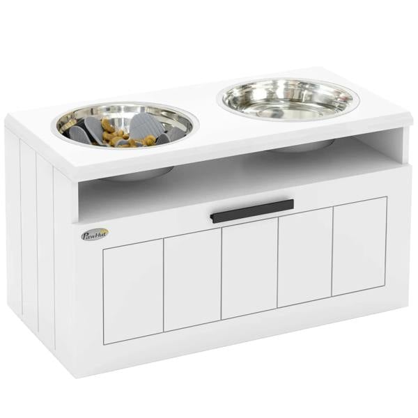 White raised dog feeding station with two stainless slow-feeder bowls and front drawer