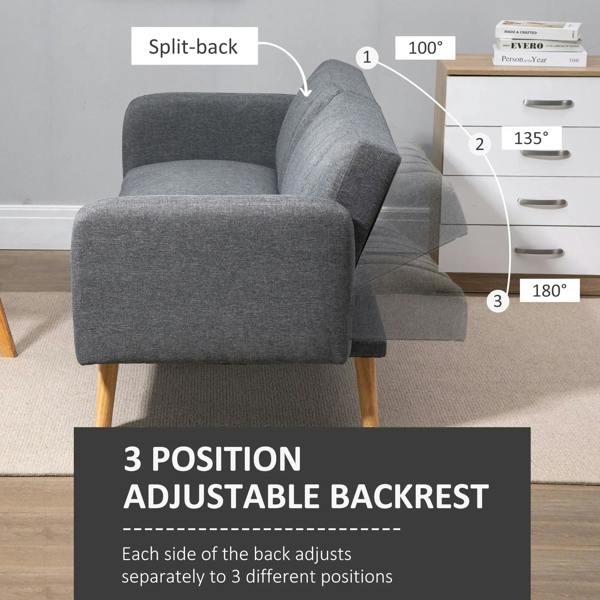 Grey sofa bed with adjustable split backrest offering three positions