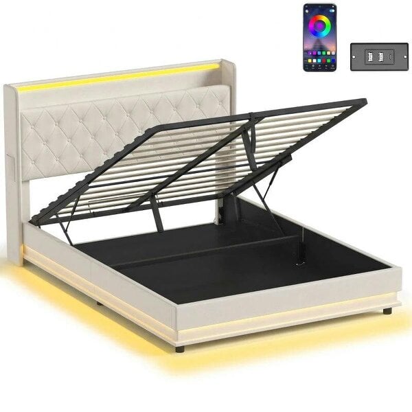 5ft King Bed Frame with Headboard, Platform Bed Frame with Hydraulic Storage, LED Lights and Charging Station, White