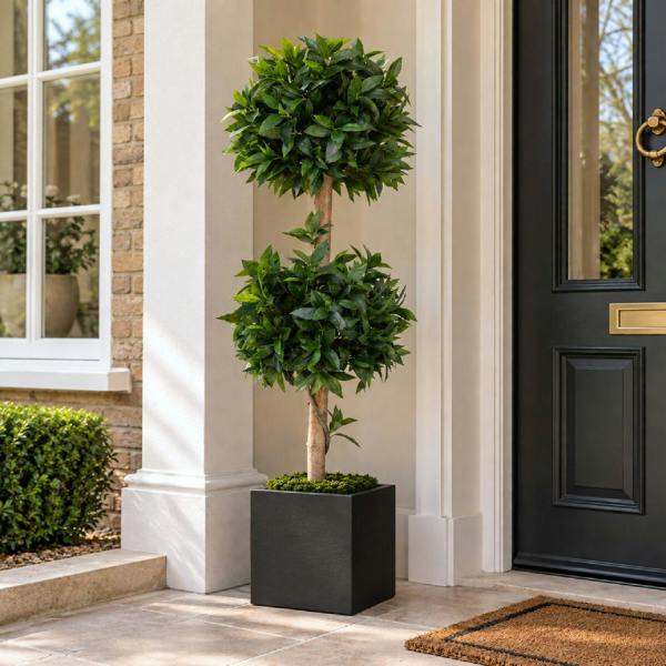 A tall artificial topiary tree with two rounded green plantings on a light wood trunk, displayed in a square black planter on a stone doorstep next to a black front door.