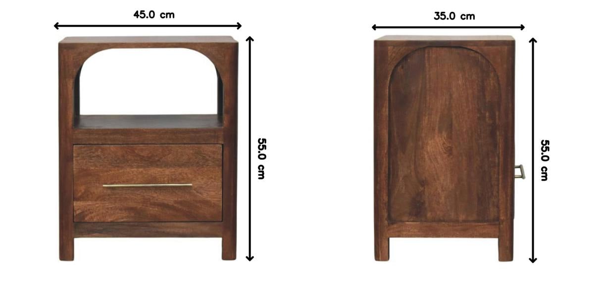 Artisan Furniture Solid Wood Arc-Line Bedside Table, 1 Drawer & 1 Open Slot, Brown