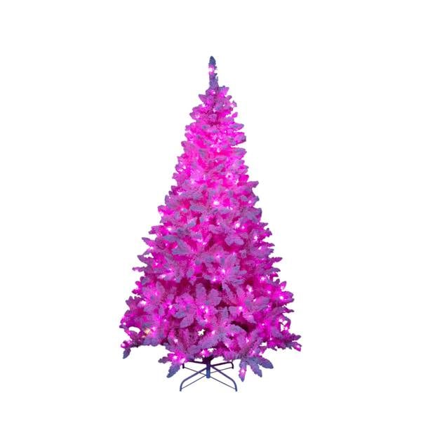 4ft to 8ft Pre-Lit Pink Flocked Christmas Tree with Snowy Finish and Built-In LED Lights image 1