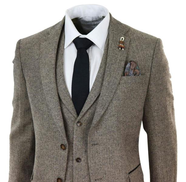 TruClothing Mens Oak Brown 3 Piece Tweed Suit Vintage Harringbone 1920s Retro Peaky Blinders