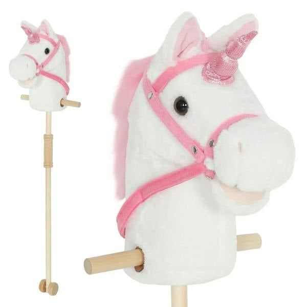 White plush unicorn stick horse with pink mane, grip handle and wood wheels