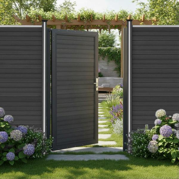 Grey composite panel gate with sleek vertical slats, framed in black, opening to a garden path lined with flowers and greenery