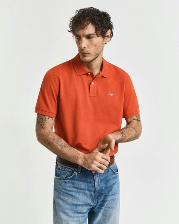 GANT Mens Regular Fit Short Sleeve Shield Logo Pique Polo - 845 Deep Orange