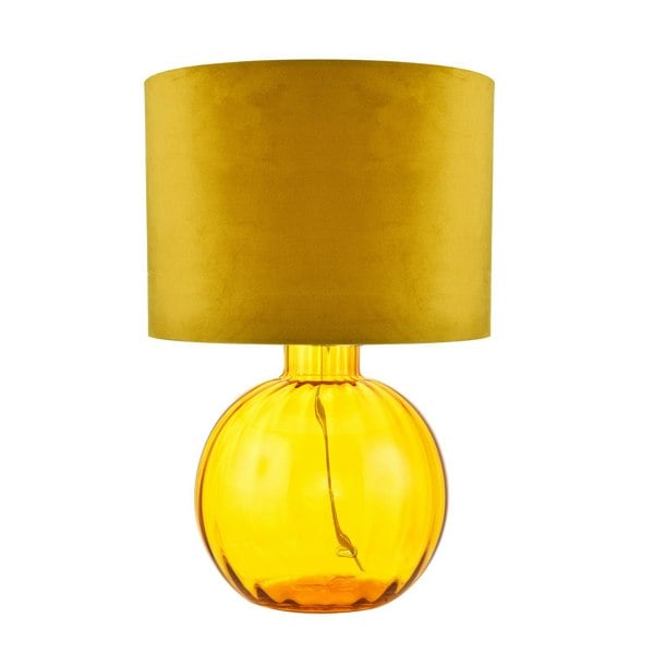 Contemporary Ochre Ribbed Glass Table Lamp with Soft Velvet Mustard Shade Image 1