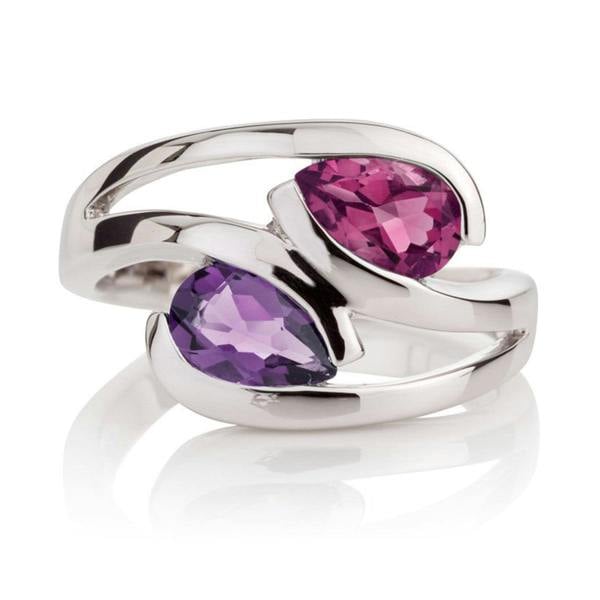 namana 925 Sterling Silver Ring with Pear-Shaped Amethyst & Rhodolite Gemstones