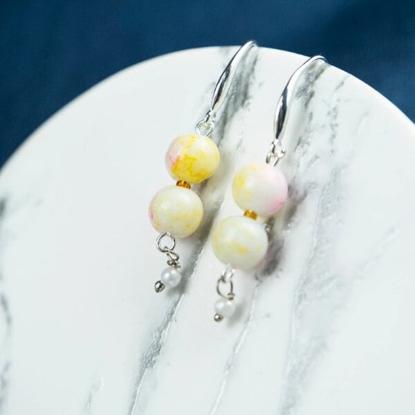 The Colourful Aura Colourful Orange Double Marble Pearl Double Simple Pearl Dangle Dainty Earrings - White - White