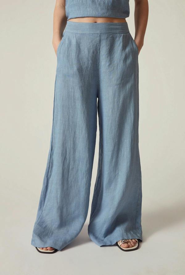 James Lakeland Denim Blue Linen Wide-Leg Trousers