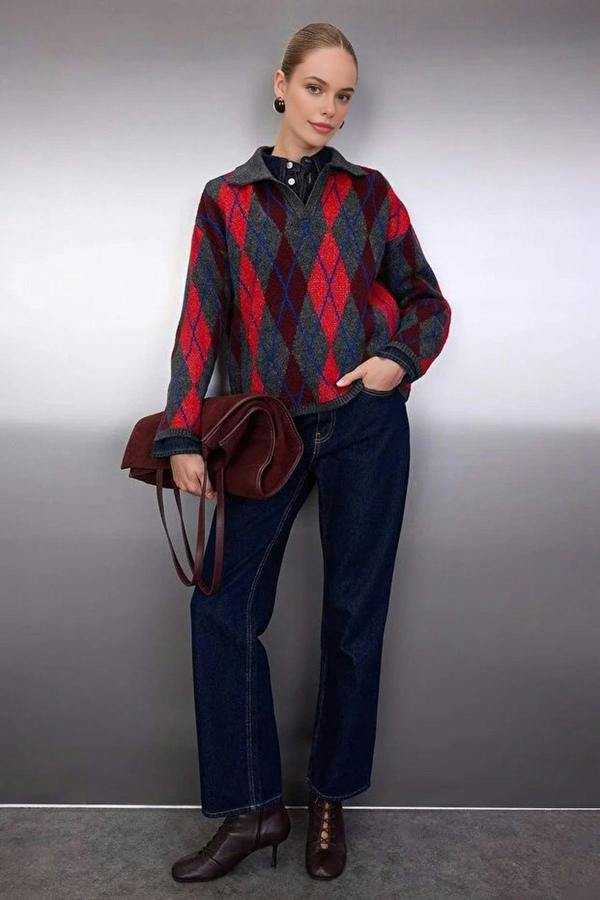 WOVCOR Patterned Polo Collar Knit Sweater
