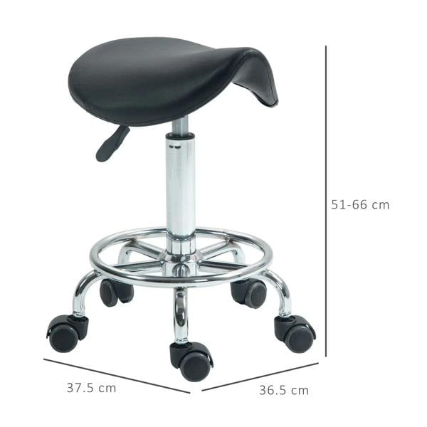 Black adjustable saddle stool with chrome base and five caster wheels
