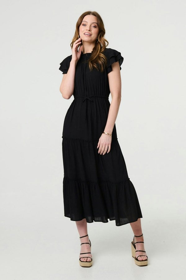 Black | Ruched Tiered Cap Sleeve Midi Dress
