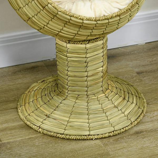 Bottom view of natural yellow woven cat bed pedestal base with circular mat top