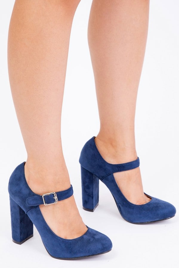 Where's That From Michelle Block High Heel Pump With Front Buckle Strap in Navy Blue Suede