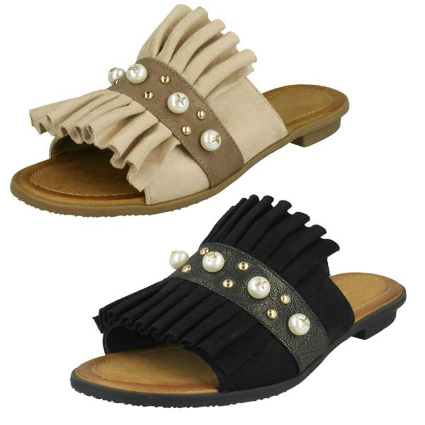 Spot On Ladies Spot On Pearl Trim Mules