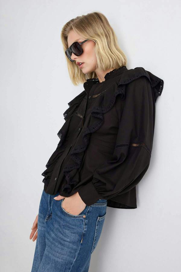 WOVCOR Ruffle Detail Boho Long Sleeve Shirt