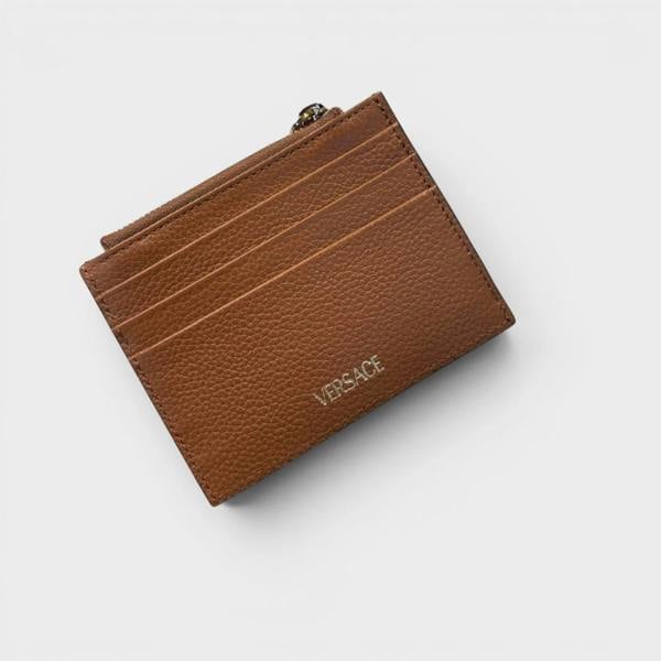 Versace Virtus Logo Zip Cardholder Leather Brown