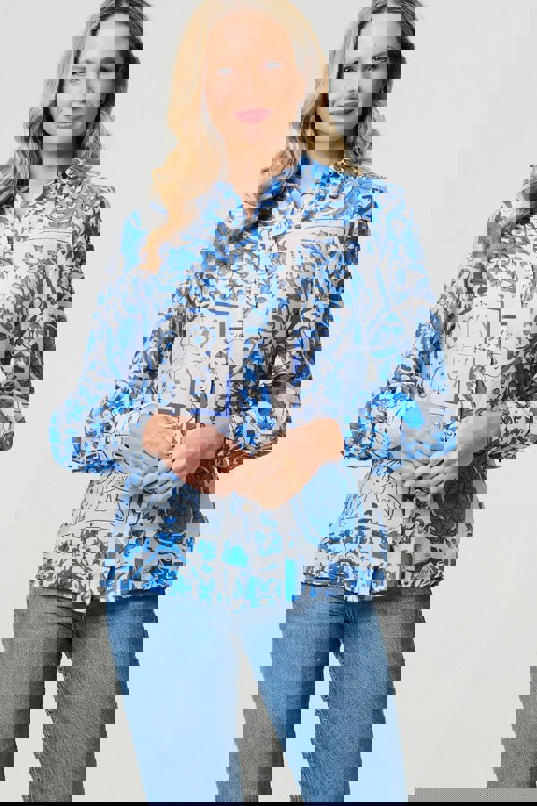 Blue | Mosaic Print Puff Sleeve Shirt
