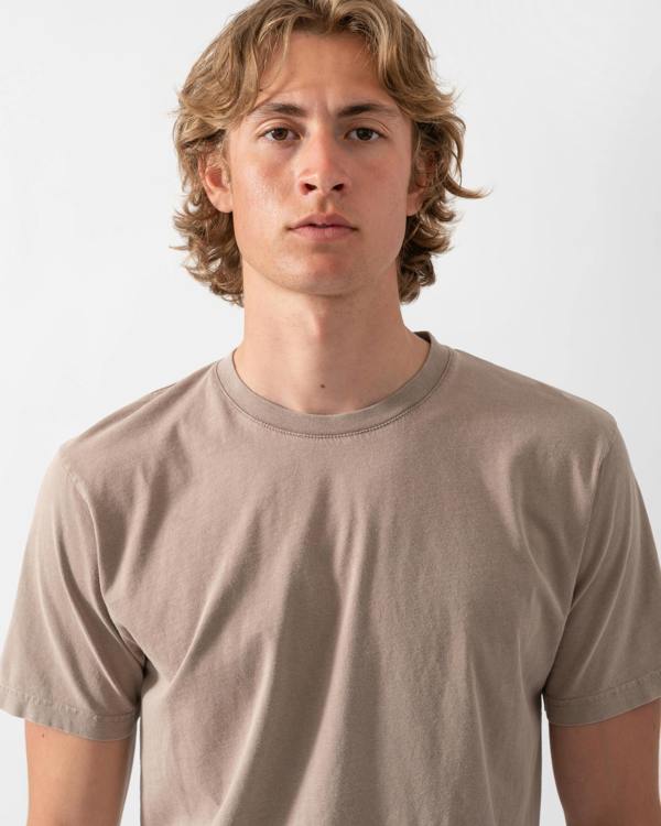 close up shot of a model wearing a Colorful Standard Classic Organic T-Shirt in Faded Khaki